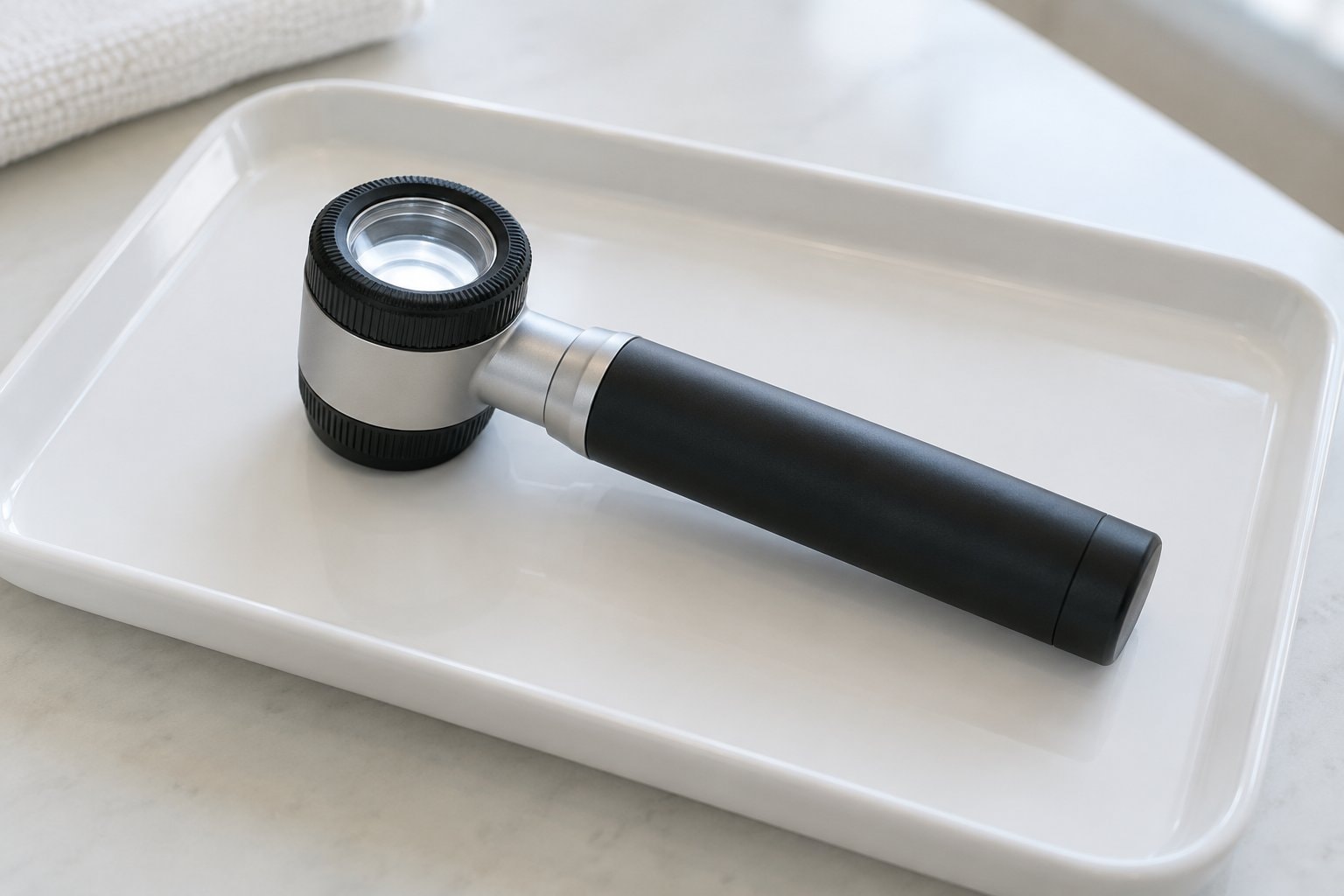A handheld dermatoscope resting on a white tray