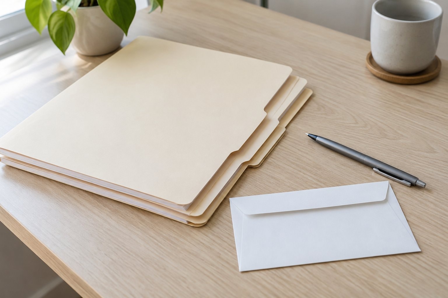 Plain folders, a pen and a blank envelope on a wooden desk