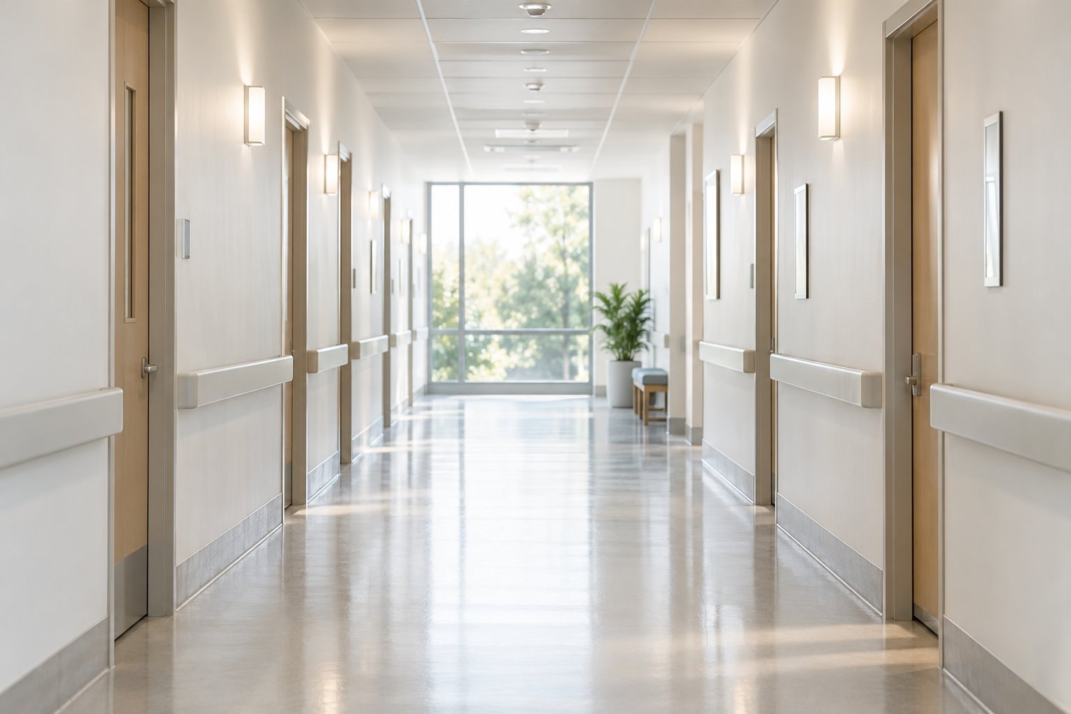 An empty corridor with daylight at its far end